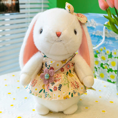 Adorable White Bunny Plush Toy with Floral Dress, Rabbit Doll for Claw Machine, Girls' Birthday
