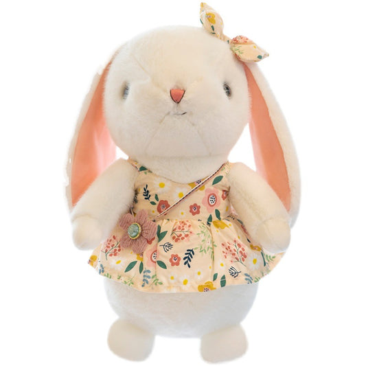 Adorable White Bunny Plush Toy with Floral Dress, Rabbit Doll for Claw Machine, Girls' Birthday