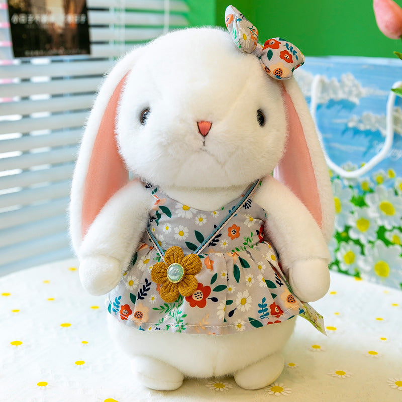 Adorable White Bunny Plush Toy with Floral Dress, Rabbit Doll for Claw Machine, Girls' Birthday